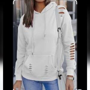 White Distressed Pullover Drawstring Hoodie